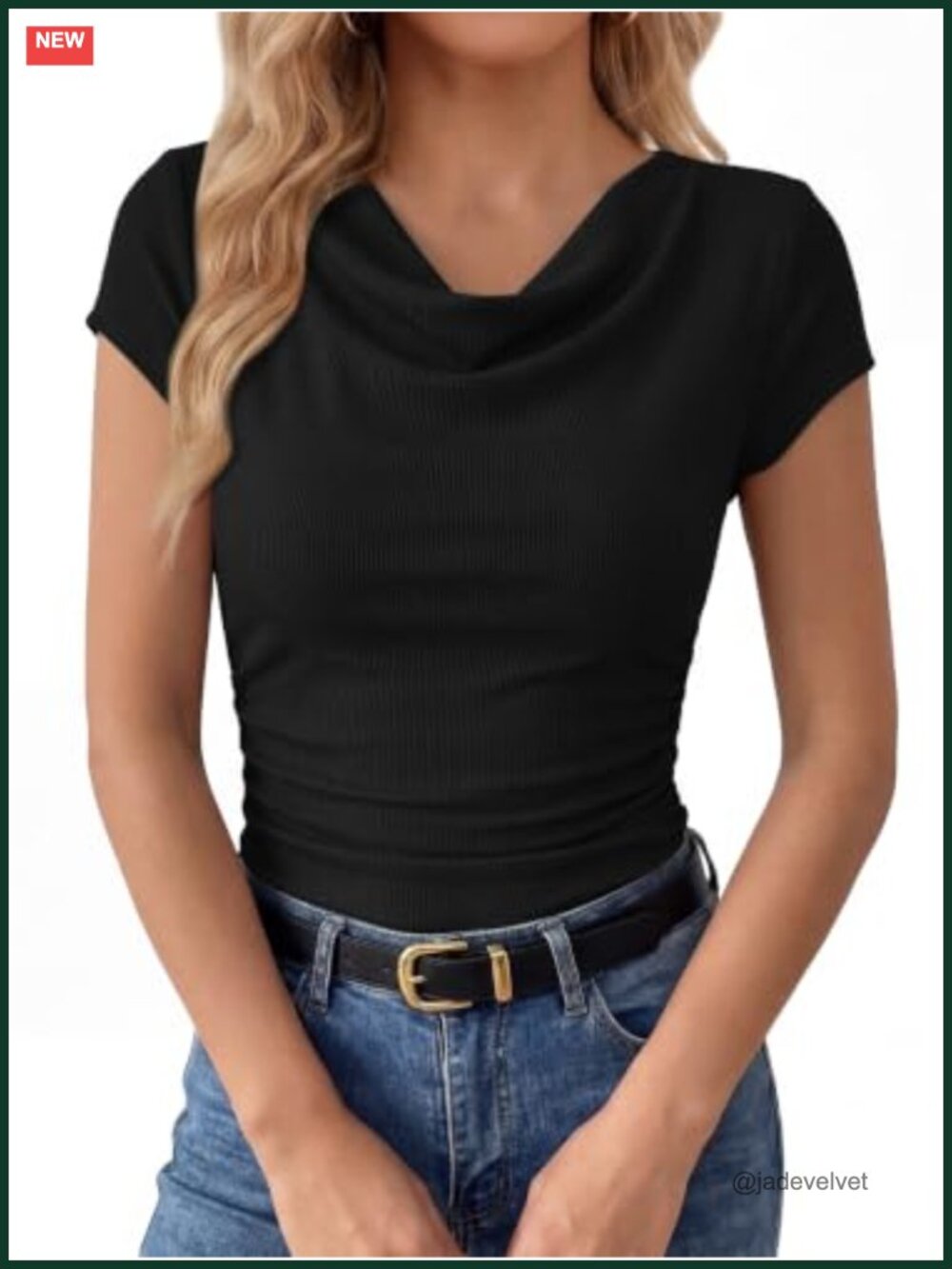 Womens Cowl Neck Short Sleeve Ruched Fitted Summer T-Shirt Viscose Spandex